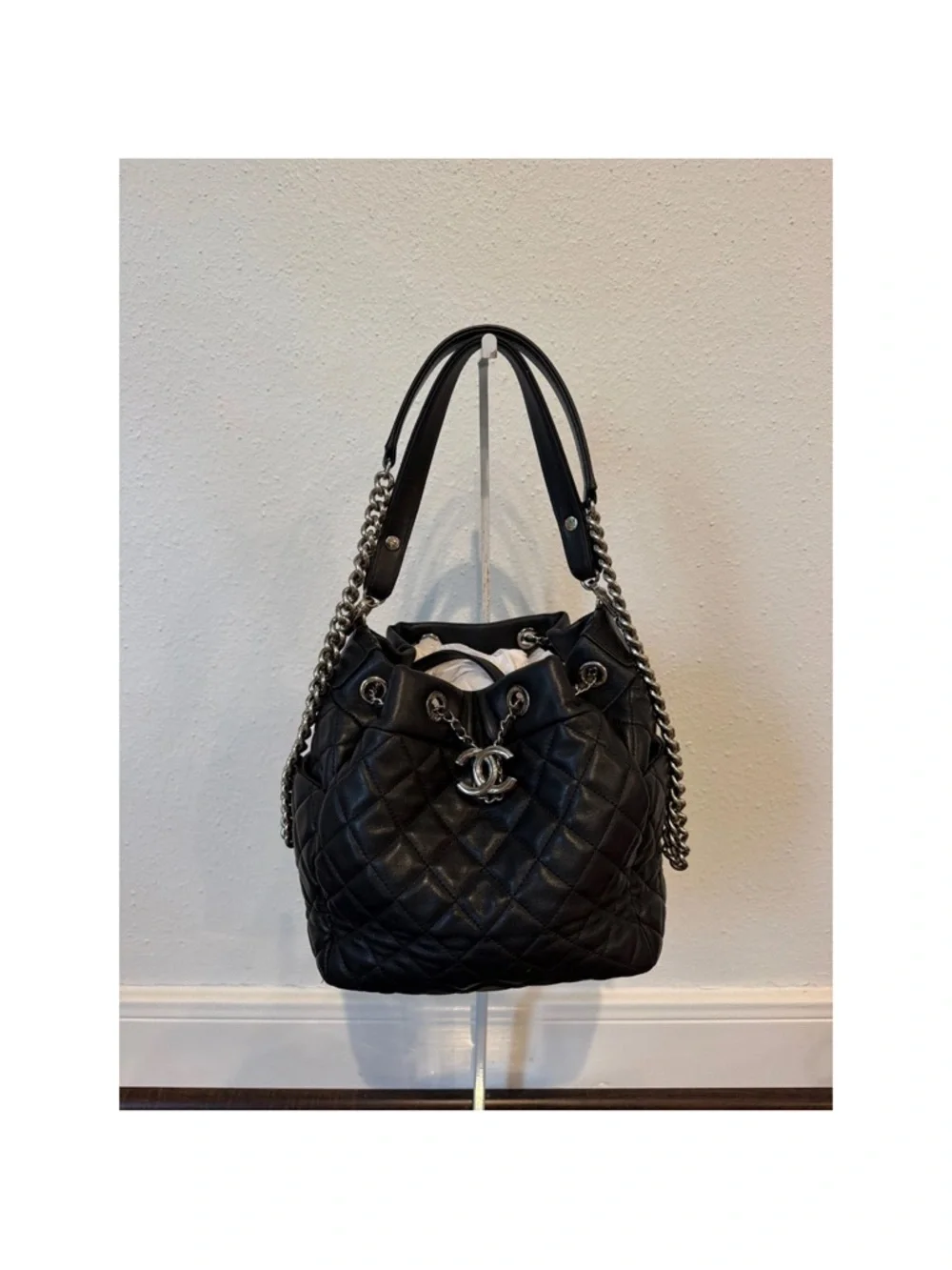 CHANEL Black Quilted Leather Bucket Hobo with Chain Strap